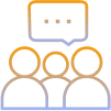 A group of three person icons with a speech bubble above them